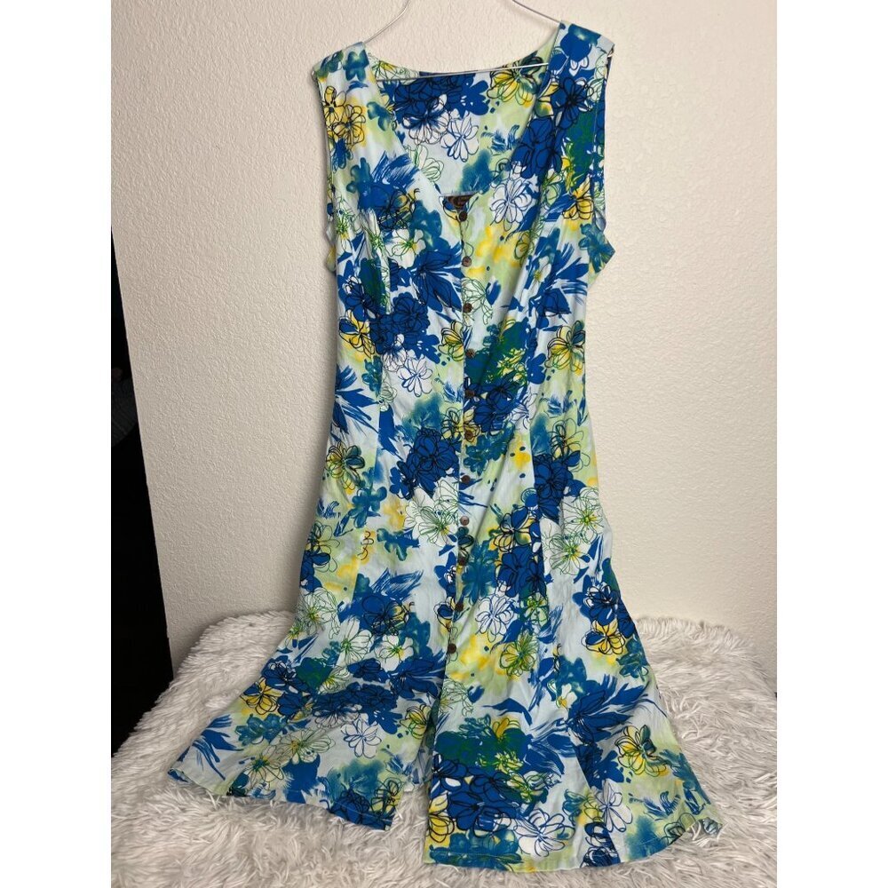 Tiki Palm Button Front Dress Waist Tie Tropical Floral Vacation XXL